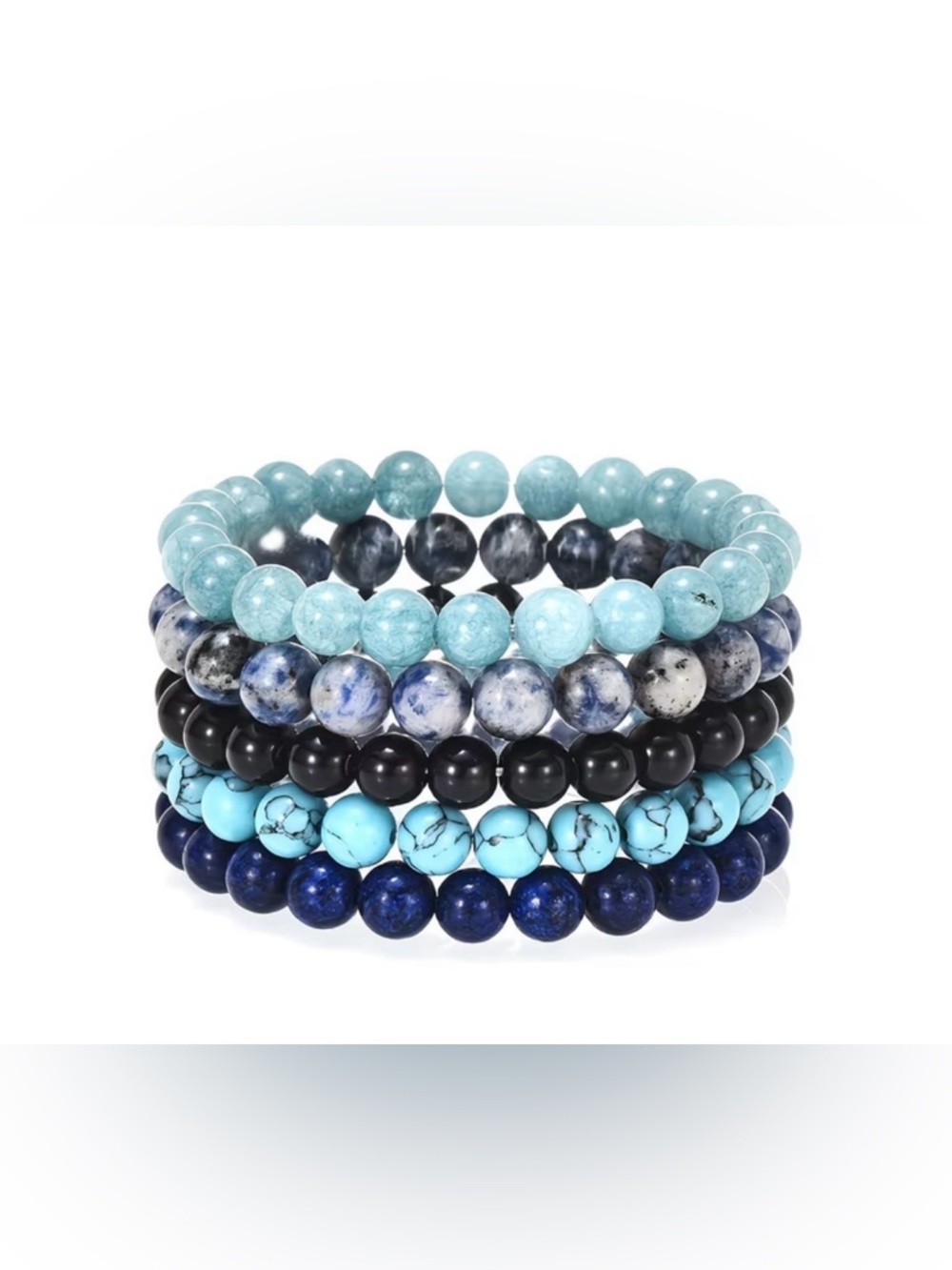 Beaded Gemstone 5 piece Stretch Bracelet Set Blue, Turquoise, Black, Aqua 7.48”